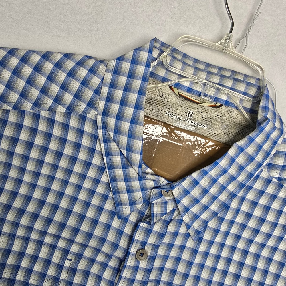 Royal Robbins‎ Men Plaid Short Sleeve Button Up Shirt XXL Blue Tan Outdoor Nylon